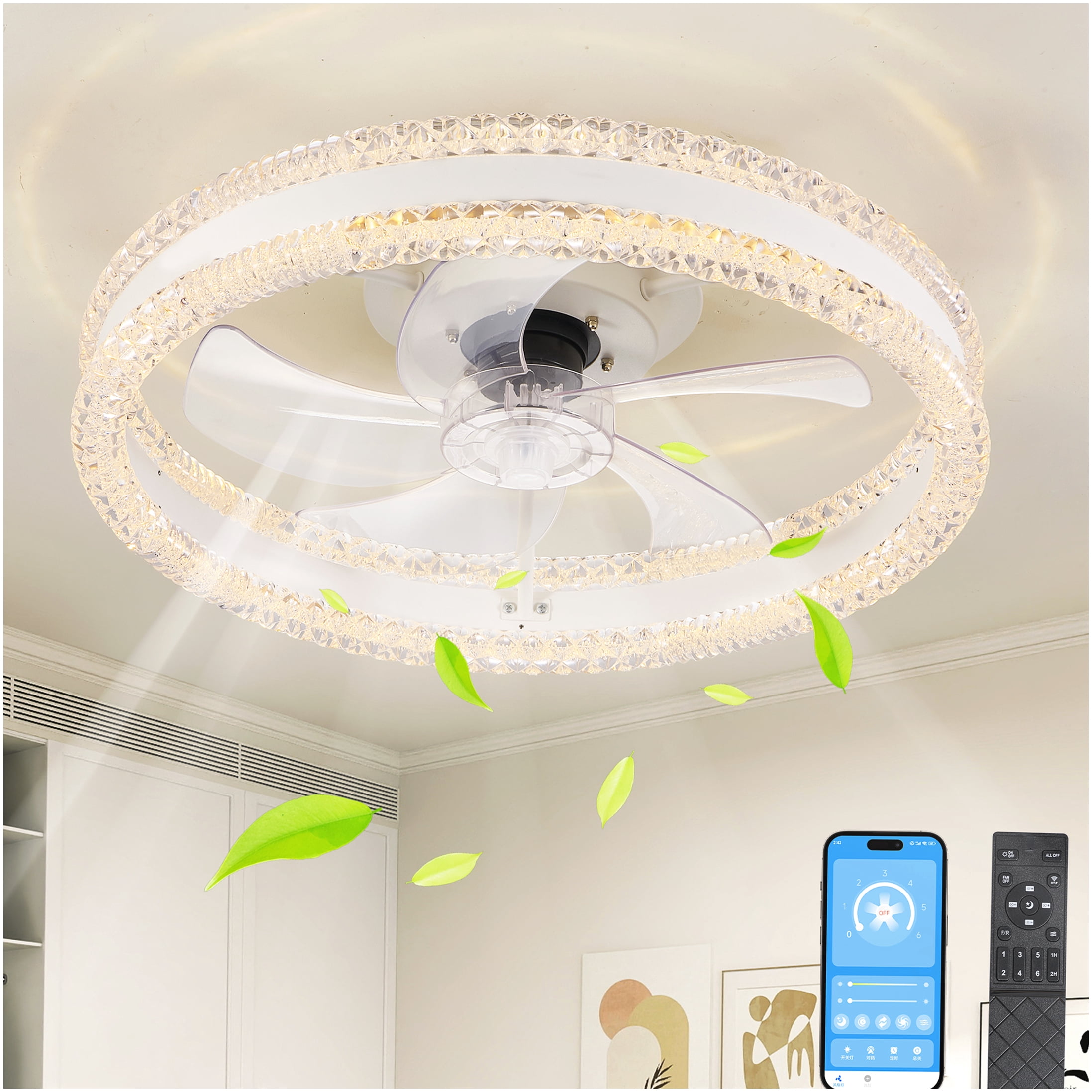 20 Inch White Flush Mount Ceiling Fan Light Double Ring Iron ...