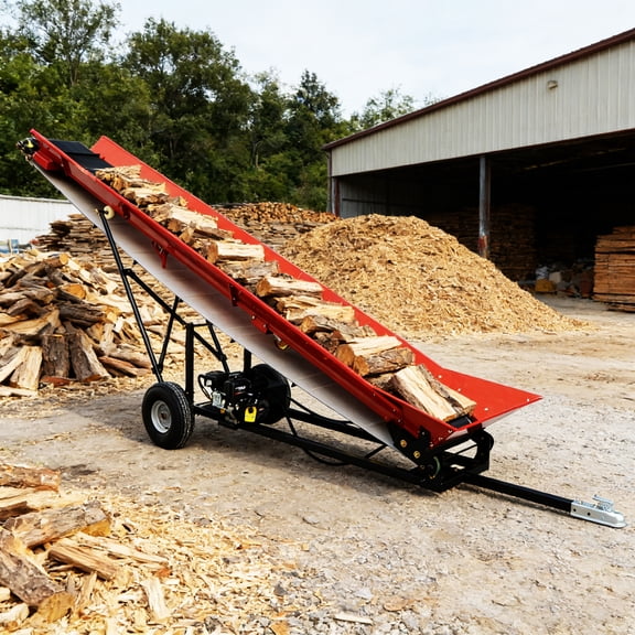 20-Inch Wide Firewood Conveyor  PVC Belt Wood Conveyor Lifter, Briggs & Stratton 6.5HP Gas Powered Wood Elevator, 111" Adjustable Height Heavy Duty Log Stacker 1500 lbs winch Capacity, Red+Black