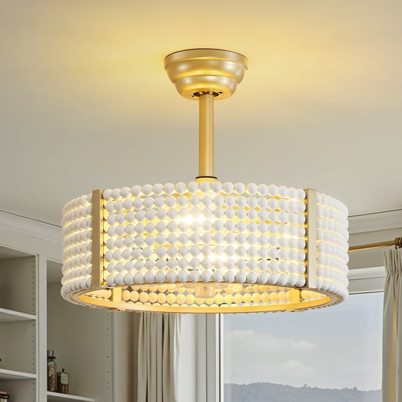 20 Inch Wood Beaded Ceiling Fan with Lights Remote Control,Boho Ceiling Fan Caged Low Profile Fandelier for Bedroom,Dining Room,Living Room,White