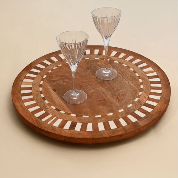 20 Inch Wooden Lazy Susan Turntable, Mango Wood & Resin Rotating Serving Tray, White and Natural Decorative Table Centerpiece for Dining Table, Kitchen Counter & Farmhouse Home Dcor