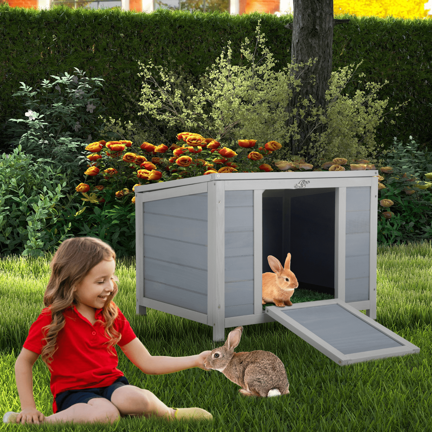 20 Inch Wooden Rabbit Hutch Waterproof Outdoor Bunny Cage Habitat with Openable Top Small Animal House Gray