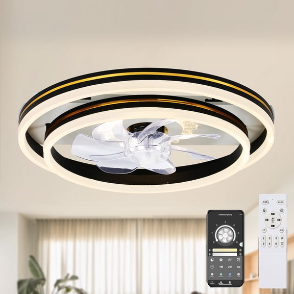 20 Inches Flush-mount 6-speed Ceiling Fan with Dimmable Light APP and Remote Control, Black 6-speed Reversible Blades