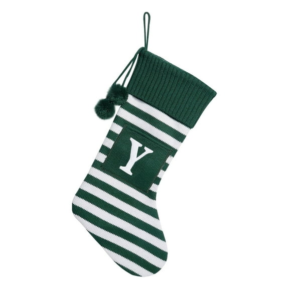 20 Inches Initial Christmas Stocking Monogram Embroidered Christmas Stocking, Striped Knitted White Green Letter Stockings for Family Holiday and Xmas Tree Fireplace
