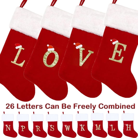 20 Inches Initial Monogram Embroidered Christmas Stocking Red Velvet with White Super Soft Plush Cuffs Christmas Decorations Stocking
