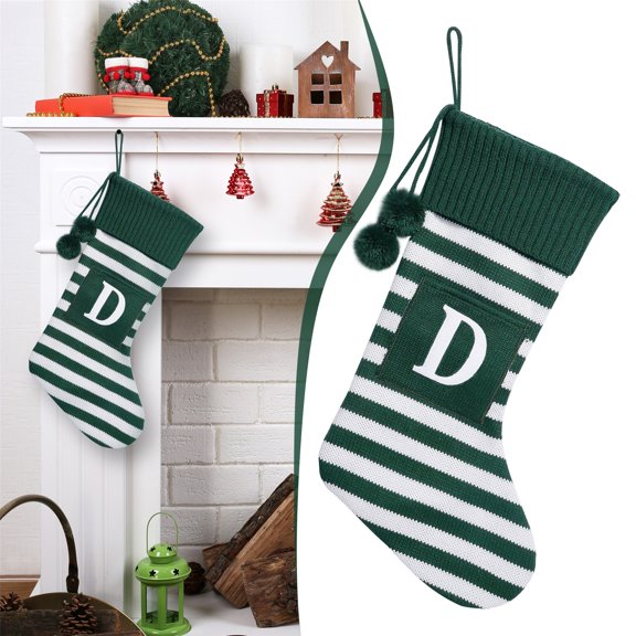 20 Inches Initial Monogram Embroidered Christmas Stocking Striped Knitted Christmas Decorations Stocking Red White Green Letter Stockings For Family Holiday And Xmas Tree,Boho Wall Hanging