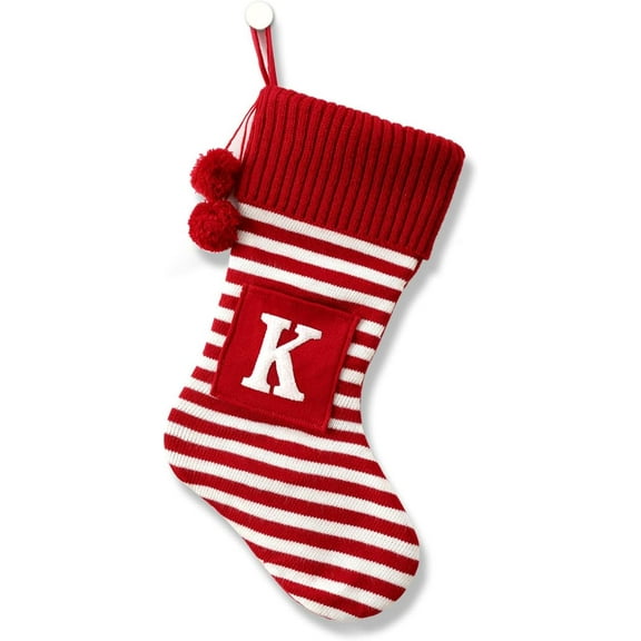 20 Inches Initial Monogram Embroidered Christmas Stocking Striped knitted Christmas Decorations Stocking Red,White, Green Letter Stockings for Family Holiday and Xmas Tree Fireplace Decor