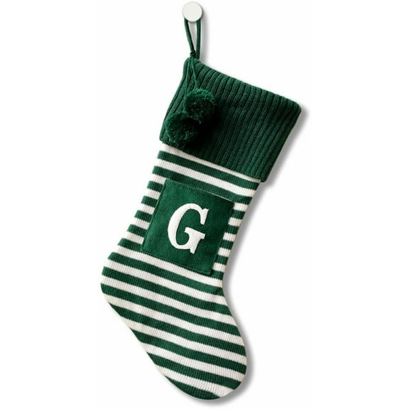 20 Inches Initial Monogram Embroidered Christmas Stocking Striped knitted Christmas Decorations Stocking Red,White, Green Letter Stockings for Family Holiday and Xmas Tree Fireplace Decor