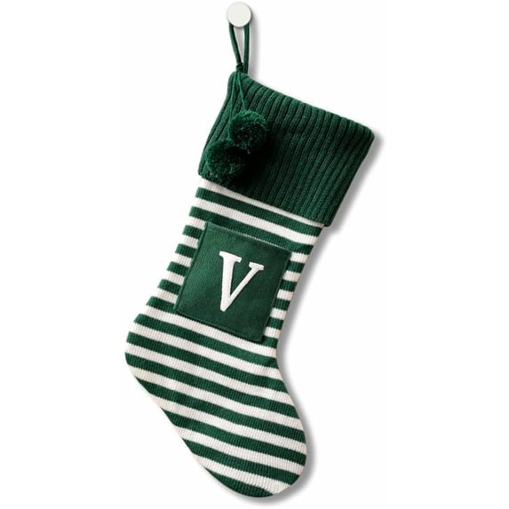 20 Inches Initial Monogram Embroidered Christmas Stocking Striped knitted Christmas Decorations Stocking Red,White, Green Letter Stockings for Family Holiday and Xmas Tree Fireplace Decor