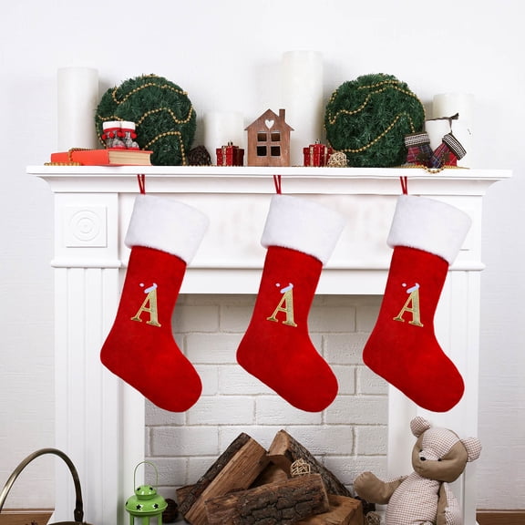 20 Inches Christmas Stockings with Letters,Initial Embroidered Christmas Stockings Red Personalized Christmas Stockings Large Soft Stocking Decorations for Holiday Xmas Season Gift Decor 1PC