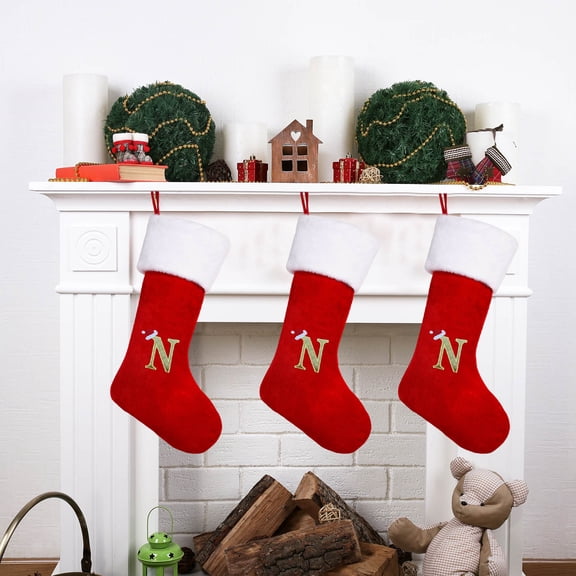 20 Inches Christmas Stockings with Letters,Initial Embroidered Christmas Stockings Red Personalized Christmas Stockings Large Soft Stocking Decorations for Holiday Xmas Season Gift Decor 1PC
