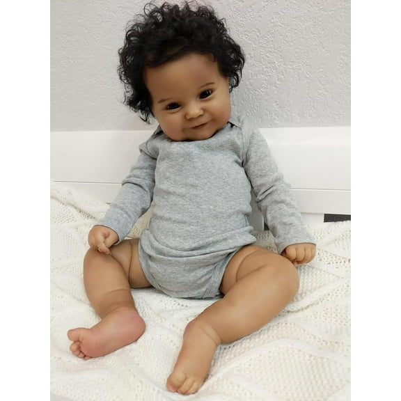20 Inches Real Baby Size Sweet Smiling Rooted Curly Hair Lifelike African American Reborn Baby Doll Realistic Newborn Soft Cloth Body Dolls in Dark Brown Skin