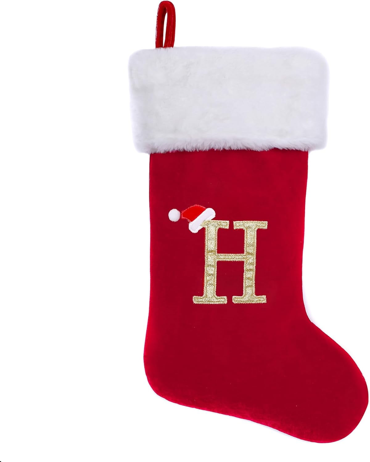 20-Inch Red Velvet Christmas Stocking with White Plush Cuff and Gold Monogram