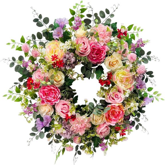 20 Inches Spring Summer Everyday Flower Wreath for Front Door, Artificial Roses Peony Wild Flowers Wreath for Indoor Outdoor and Mother's Day
