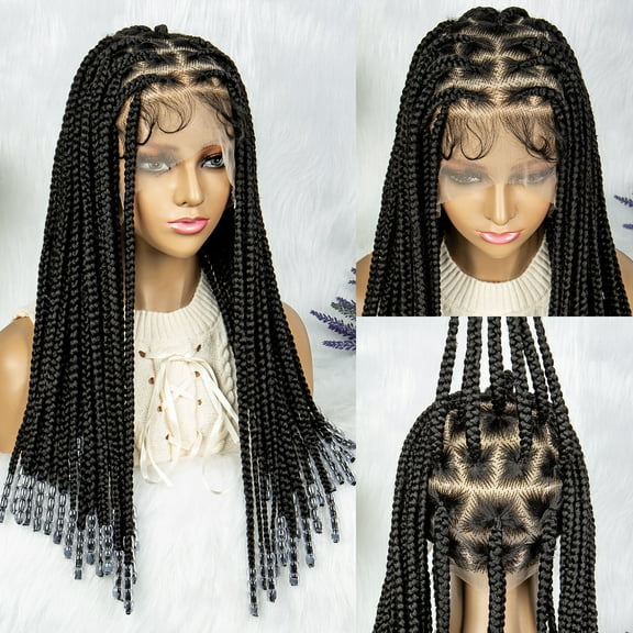 20 Inches Straight Full Lace Braided Wigs for Women Girls Synthetic Lace Front Braided Wig with Beads Knotless Cornrow Twist Braids Wigs with Baby Hair(1B Color)