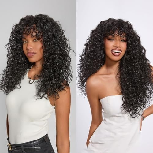 20 Inches Veralux(TM) Fiber Blend Human Hair Shaggy Waves with Bangs Wig 200% Density Glueless Wigs Black Ready to Go Headband Wig for Women Realistic Look with True Scalp
