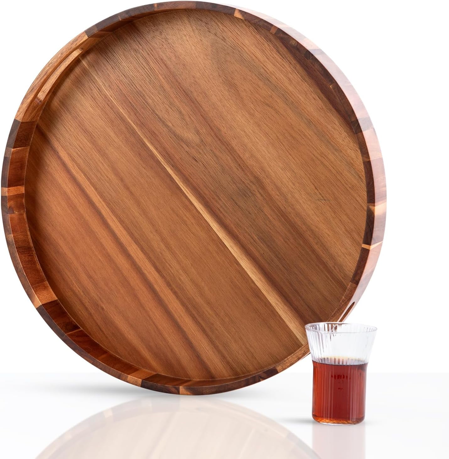 Rustic Acacia Wood Round Serving Tray with Handles, 20"