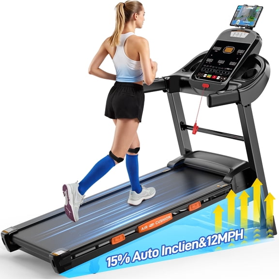 20% Incline Treadmill w/ 400lb Capacity, 5HP Folding Portable Treadmill for Home with 12MPH, APP Connection, 105Programs, Jogging Walking Treadmill with Knee Straps Gift