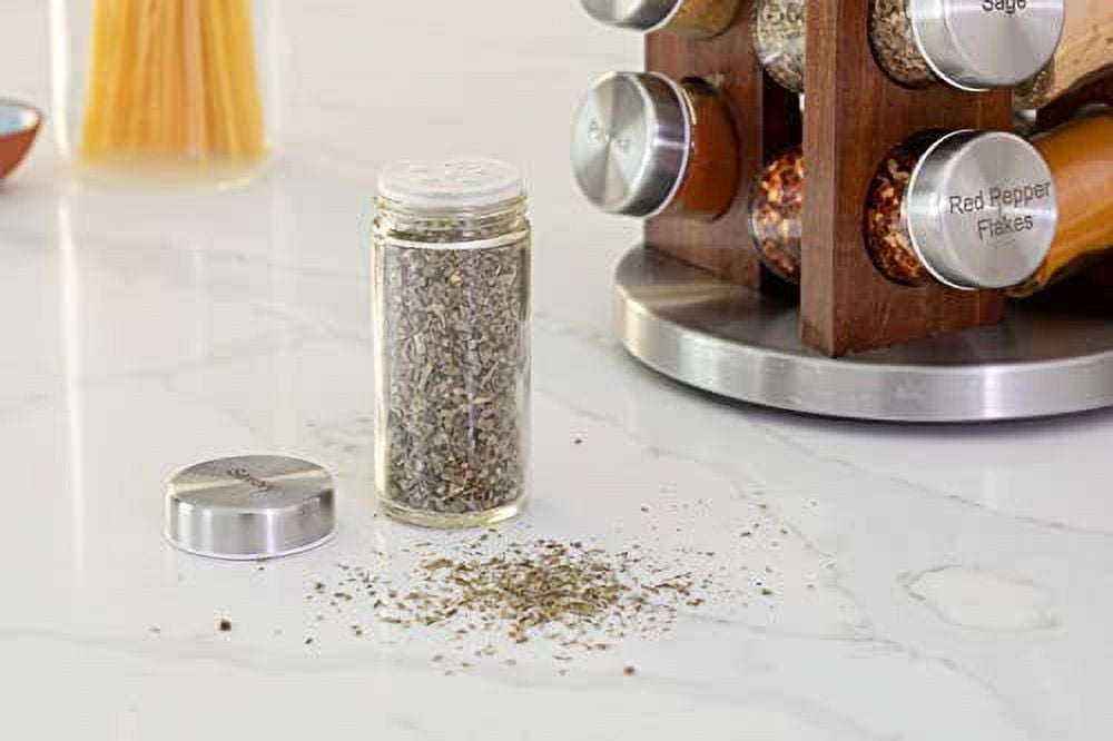 20 Jar Dark Acacia Wood Spice Rack with Spices Included Rotating Tower Organizer for Kitchen