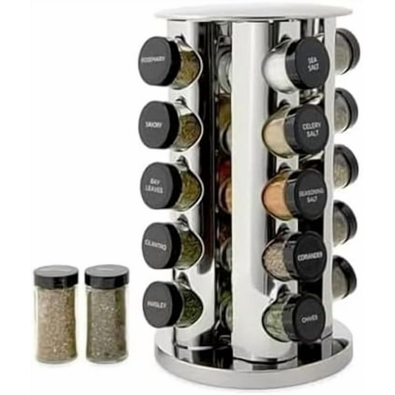 20 Jar Revolving Countertop Spice Rack with Spices Included, FREE Spice Refills for 5 Years, Polished Stainless Steel with Black Caps, 30020