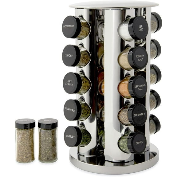 20 Jar Revolving Countertop Spice Rack, Polished Stainless Steel With Black Caps