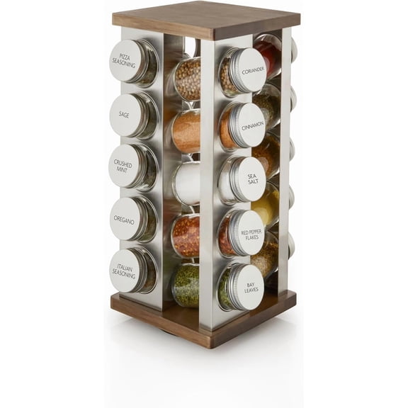 20 Jar Revolving Countertop Spice Rack with Spices Included Polished Stainless Steel with Black Caps