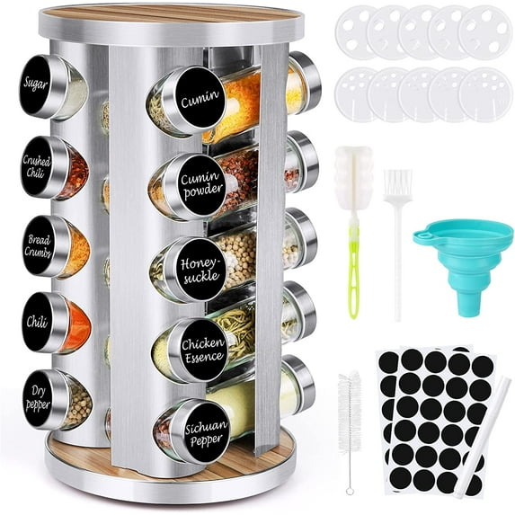 20-Jar Revolving Spice Rack Organizer, Stainless Steel/Wooden Tower for Cabinet & Countertop with Labels, Funnel & Brushes