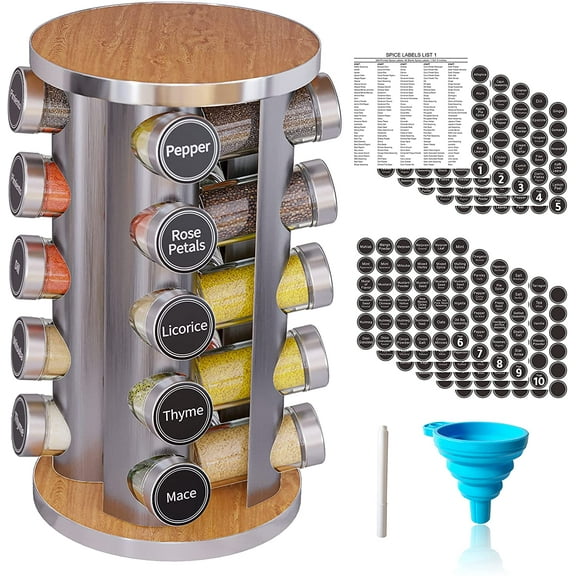 20-Jar Revolving Spice Rack Set with Rotating Carousel Organizer for Kitchen Countertop or Cabinet, Includes 386 Spice Labels, Desktop Seasoning Storage Tower