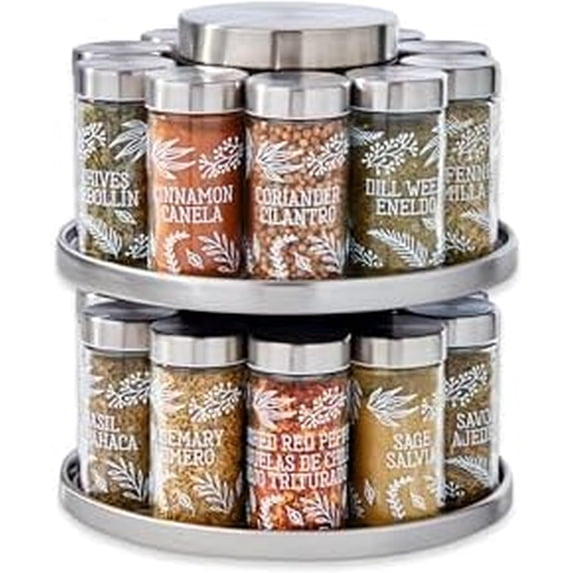 20 Jar Revolving Spice Rack with Integrated Tool Caddy, Brushed Stainless Steel with Stainless Steel Caps