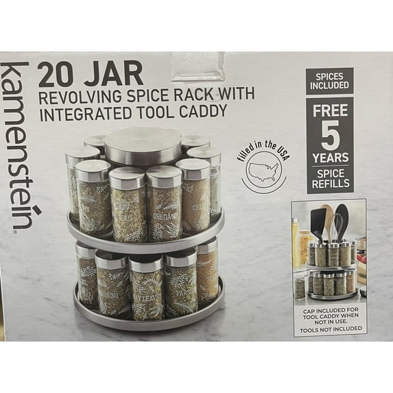 20 Jar Revolving Spice Rack with Integrated Tool Caddy, Free 5 Years Spice Refills