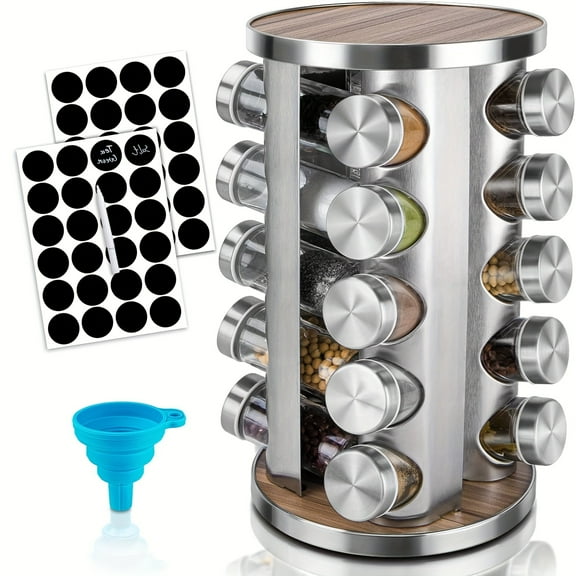 20-Jar Rotating Spice Rack Organizer, 360 Revolving Kitchen Countertop Spice Carousel with Labels