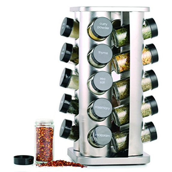 20 Jar Rotating Spice Rack with Spices Included and 5-Year Free Spice Refill Program Stainless Steel Countertop Spice Rack with 3 oz Glass Jars