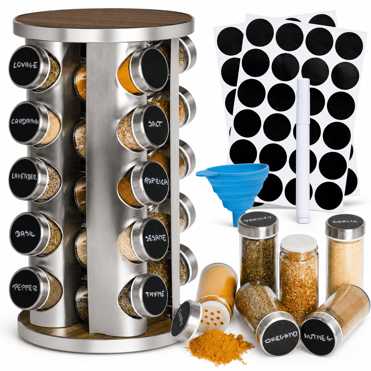 20 Jar Rotating Stainless Steel Countertop Spice Rack Organizer with ...