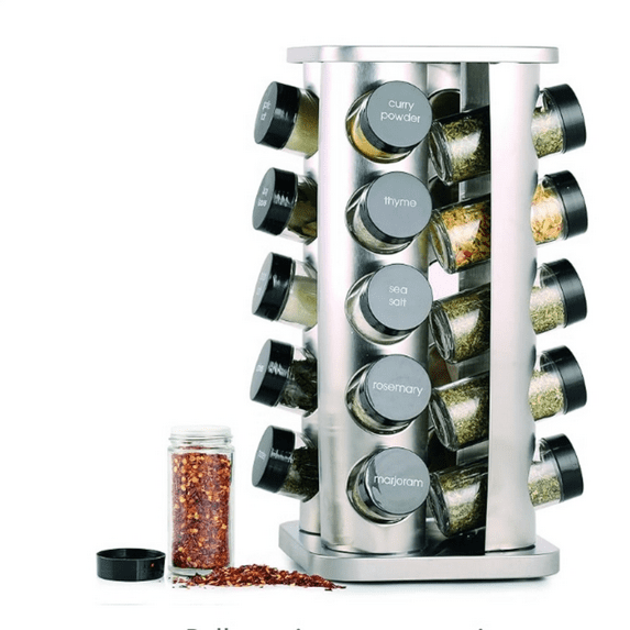 20 Jar Spice Rack with Spices Included - Revolving Tower Organizer for Kitchen Spices and Seasonings, Free Spice Refills for 5 Years (Stainless Steel)