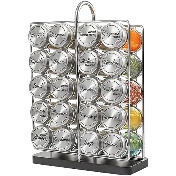 20 Jar Spice Rack Stainless Steel with Spices Included - Standing Rack Shelf Holder & Countertop Spice Rack Tower Organizer for Kitchen Spices with Spice Refills for 5 Years