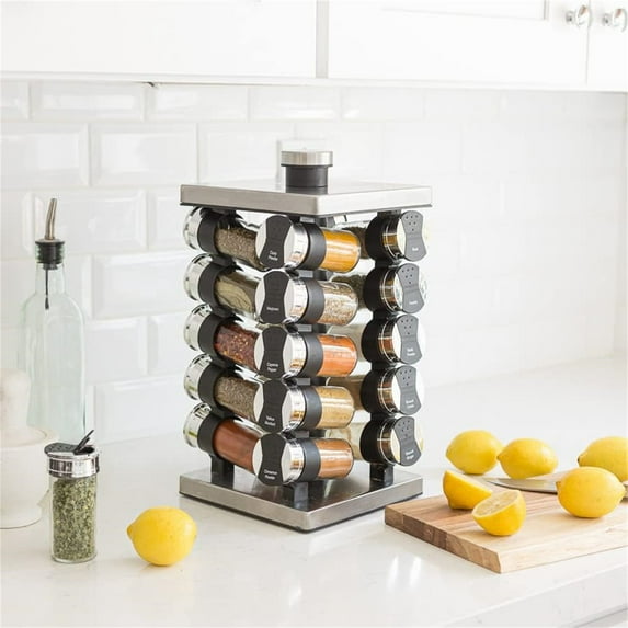 20 Jar Spice Rack with Spices Included - Tower Organizer for Kitchen Spices and Seasonings, (Silver Black)