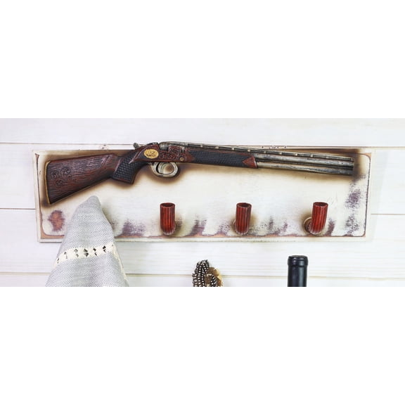20"L Rustic Western Country Shotgun With 4 Wall Hooks Wooden Plaque