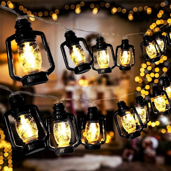 20 LED Black Lantern String Lights Mini Kerosene Lamp for Indoor Outdoor Patio Garden Holiday Home Ramadan Wedding Party Christmas Tree New Year Decorations(Warm White Light)