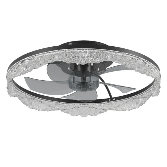 20” LED Ceiling Fan Light  Flush Mount  Acrylic Ring  Hidden Blades  Remote  Dimmable  Black