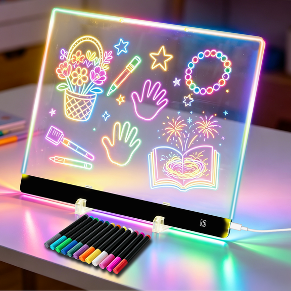 20" LED Drawing Board for Kids with 7 Colors Light, Acrylic Dry Note Board with Stand, Neon Light up Drawing Tablet