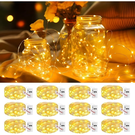 12 Pack Fairy Lights Battery Operated, 7ft 20 LED String Lights with Timer and 3 Modes, Waterproof Silver Wire for Mason Jar Wedding Party Holiday Decor，Warm White