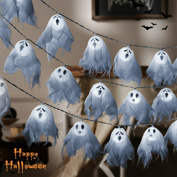 20 LED Ghost Halloween Lights, 9.8ft Light Up Ghost Garland, Waterprof Ghost String Lights Indoor Outdoor for Party, Haunted House, Fireplace, Porch, Window Decor