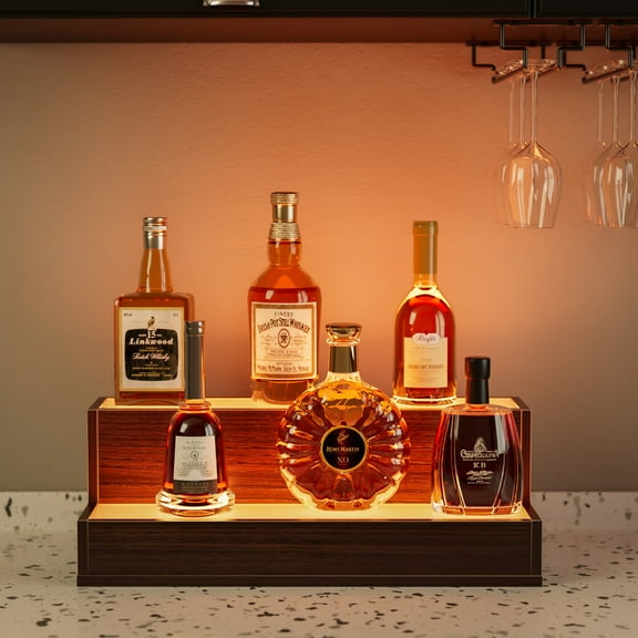 20" LED Lighted Liquor Bottle Display Shelf, Modern 2-Step Freestanding Holding Bottles with App and Remote Control, Bar Display Shelf for Home, Bar, Party, Walnut
