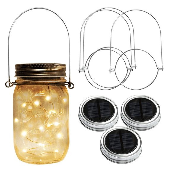 20 LED String Fairy Firefly Jar Lid Lights with Hanger Decor, Terrace Garden Decor, 3-Pack (No Jars)
