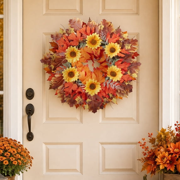 20" Large Artificial Fall Wreath with Flowers for Front Door Decor | Faux Maple Leaves Fake Sunflowers Wreath,for Porch Window Autumn Thanksgiving Day Harvest Festival Decor