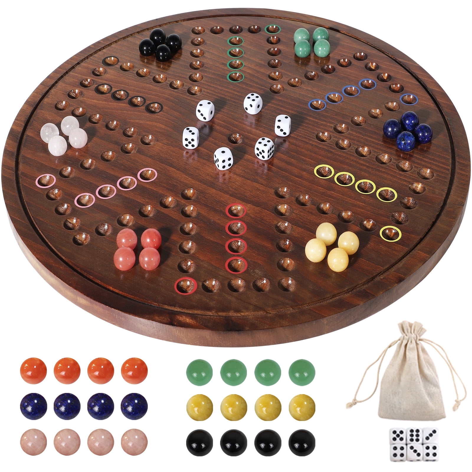 Grhonio20 in Large Original Marble Game 24 Natural Marbles Wahoo Board Game Double Sided Painted Wooden Fast Track Board Game for 6 and 4Players 6Colors 24 Marbles 6 Dice for Family Friends and Party