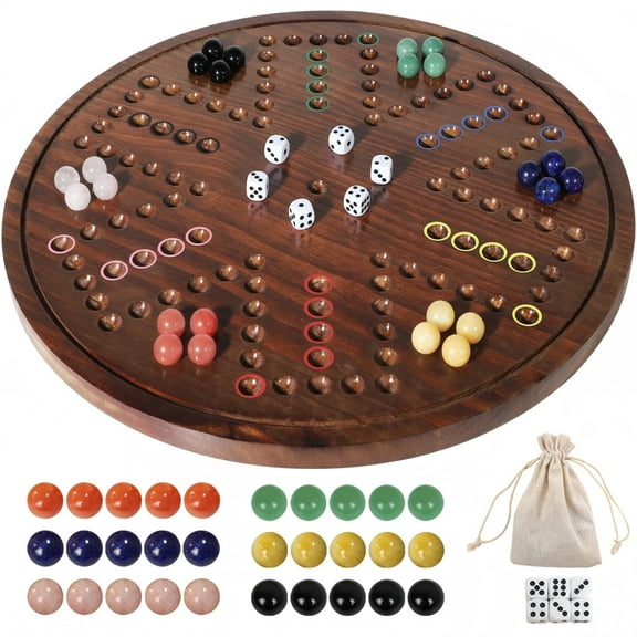 20 in Large Original Marble Game 24 Natural Marbles Wahoo Board Game Double Sided Painted Wooden Fast Track Board Game for 6 and 4Players 6Colors 24 Marbles 6 Dice for Family Friends and Party