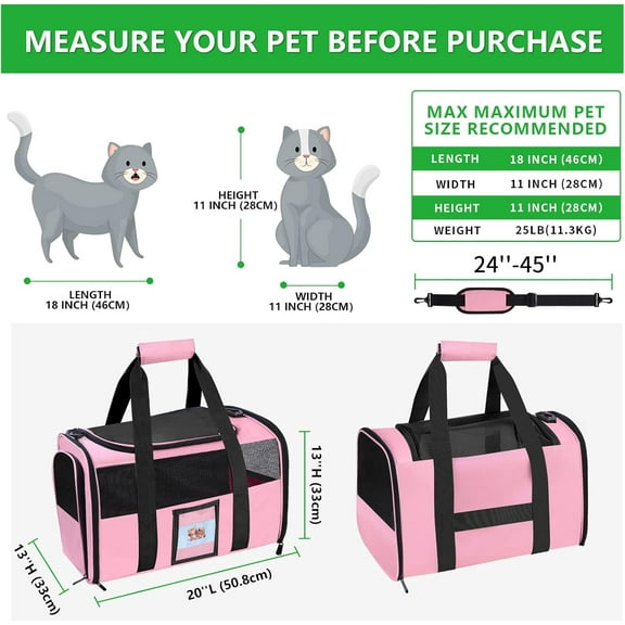 20" Large Soft Sided Cat Carrier for Cats Under 25 lbs, Foldable Dog Carrier for 2 Small Cats - Pink