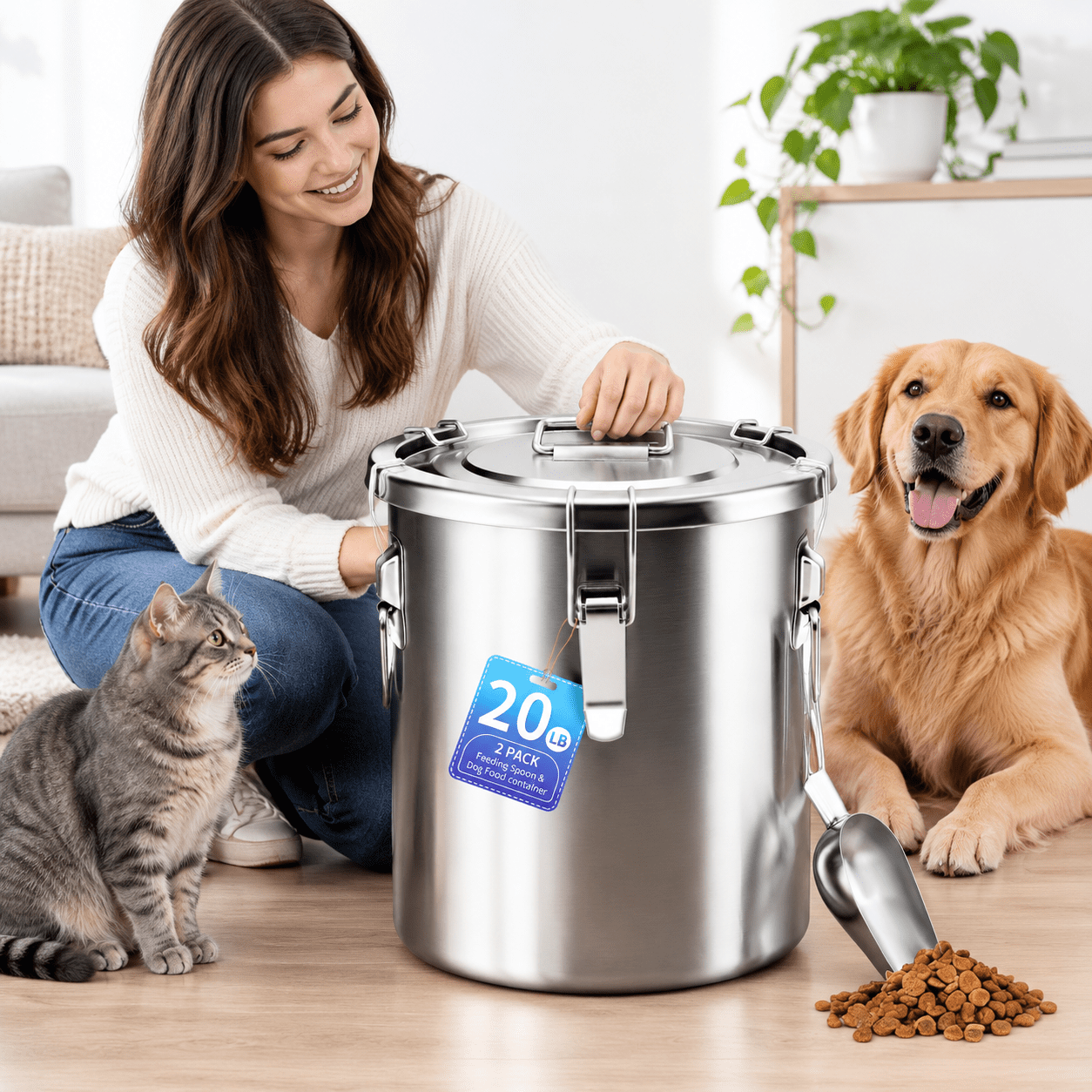 20 Lb Stainless Steel Dog Food Storcontainer Airtight Metal Pet Bin ...