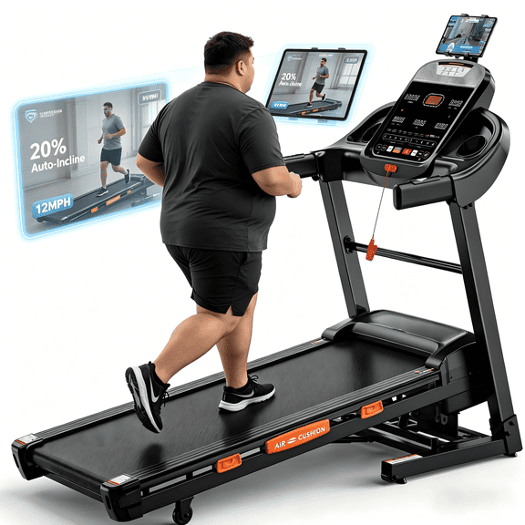 20-Level Auto Incline & 12 MPH Max Speed, Upgraded Multifunctional Display, Oversized Frame, Wide Running Belt, Hydraulic Fold, 400 LBS Load, Bluetooth & Step Counter