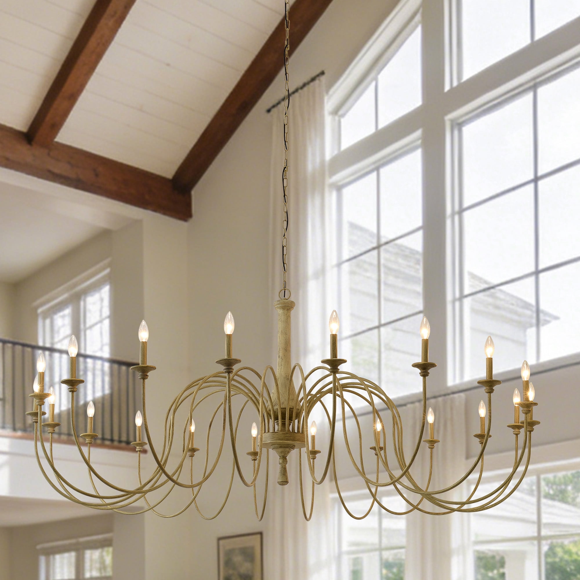 20-Light Farmhouse Chandelier, 78.74" Monumental Rustic Solid Wood Candle Pendant Light with Antique Finish | Dimmable French Country Ceiling Fixture for Grand Ballroom